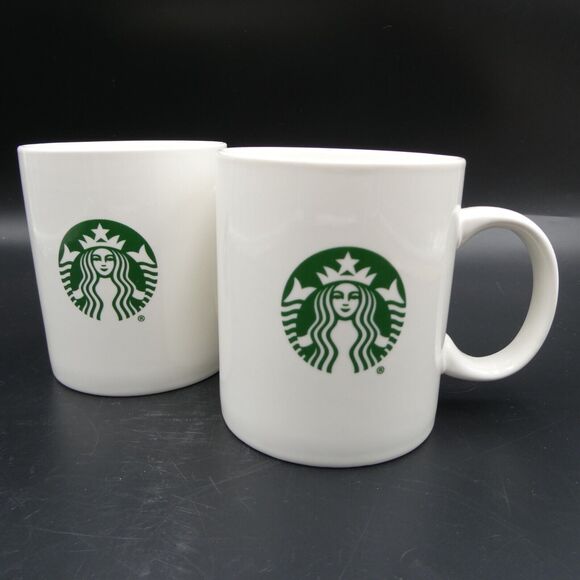 Starbucks Classic White Mug Coffee Cup Green Mermaid Logo 12 oz Pair 2016 - Picture 1 of 10